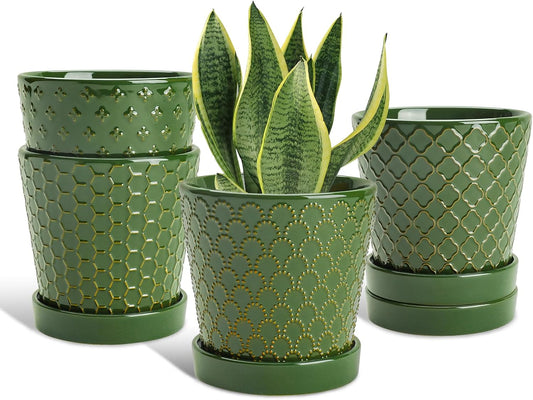 EFISPSS Flower Planter –5 inch Ceramic Plant Pots with Drainage Hole and Ceramic Tray - Gardening Home Desktop Office Windowsill Decoration Gift Set of 4 - Plants NOT Included
