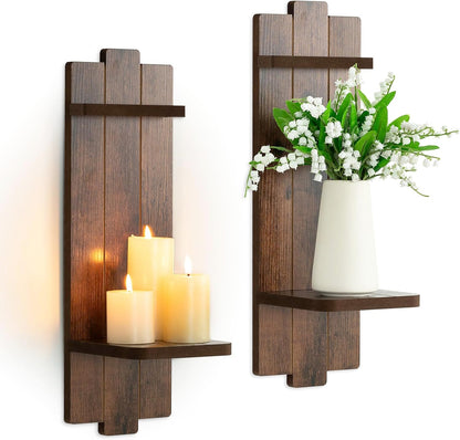 Candle Sconces Black Wall Decor Set of 2 - Wood Wall Candle Holders Set of Two for Small Plants Pillar Candles Tealight - Gothic Distressed Decor for Living Room