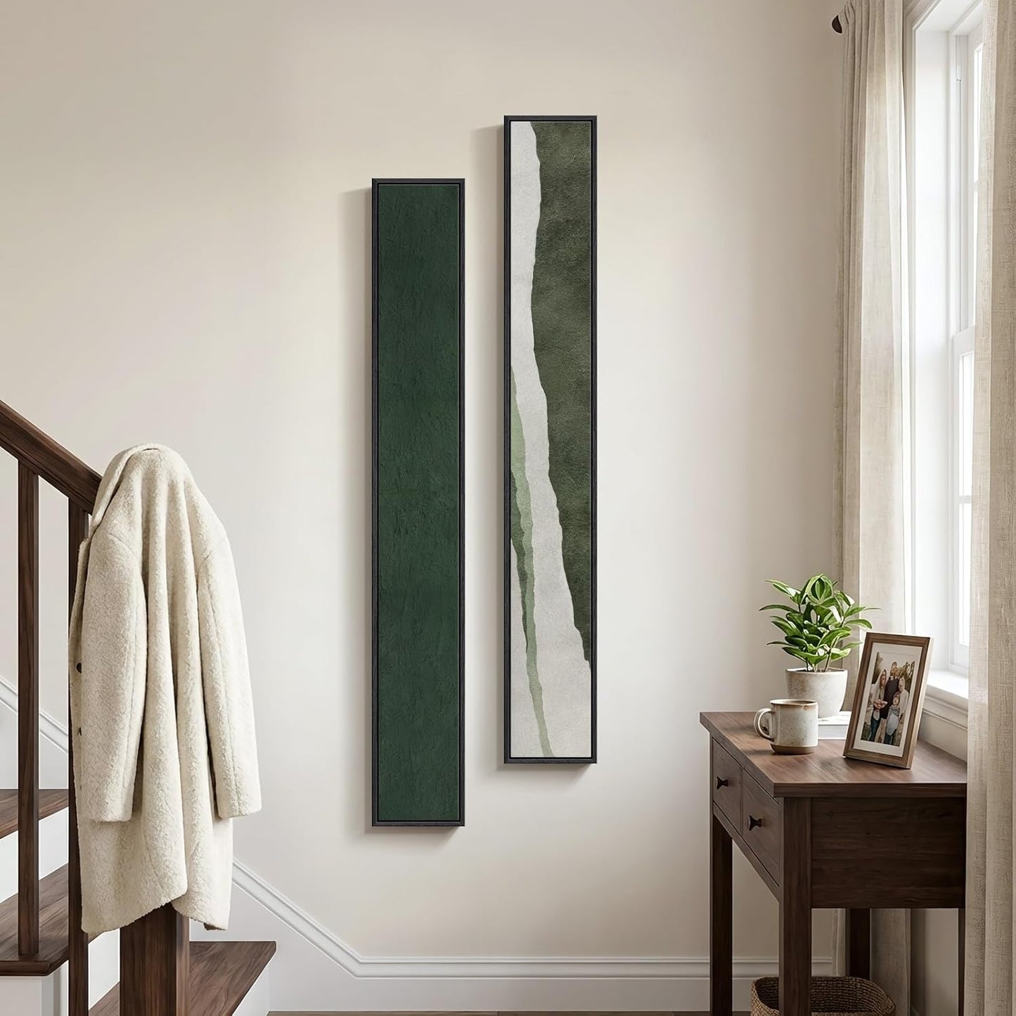 Long Narrow Framed Neutral Abstract Vertical Wall Art Set, 2 Piece Modern Canvas Prints Paintings Artwork for Walls, Beige and Brown Minimalist Pictures for Hallway Entryway Living Room Bedroom Decor