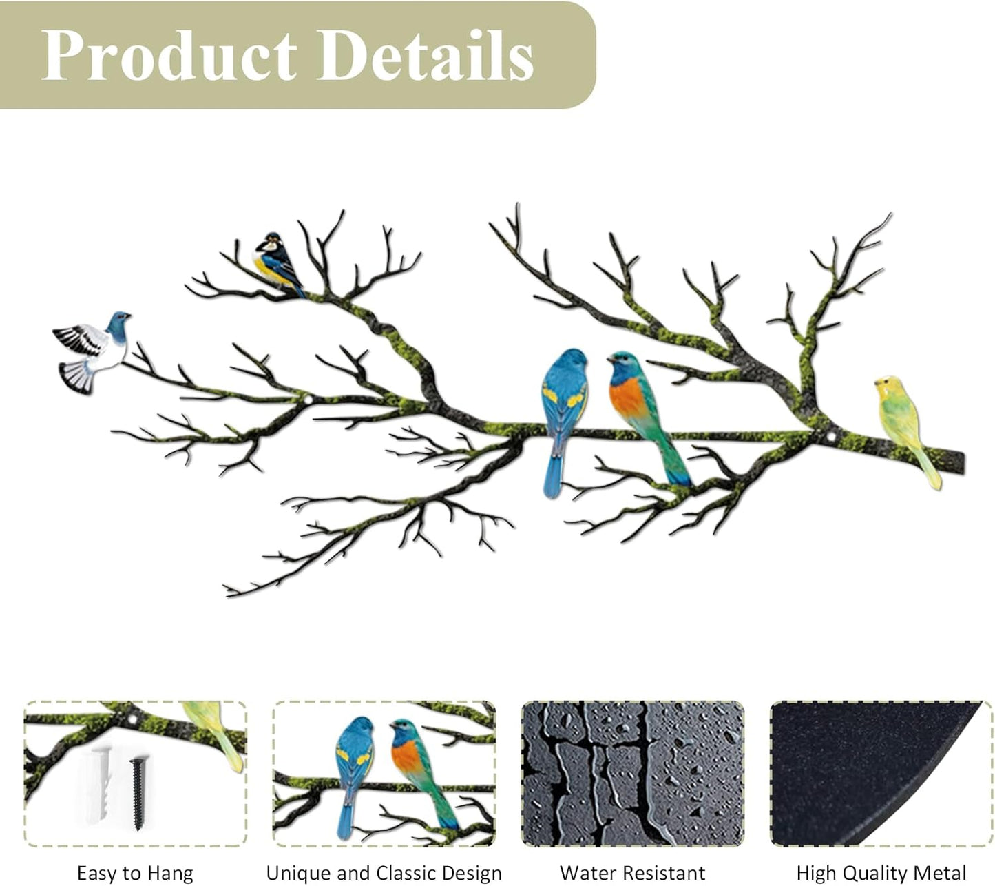 Metal Birds Wall Art, Metal Vivid Birds on Branch Silhouette Wall Decor Black Leaves with Bird Outdoor Hanging Wall Sculpture for Home Balcony Garden(Large)