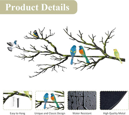 Metal Birds Wall Art, Metal Vivid Birds on Branch Silhouette Wall Decor Black Leaves with Bird Outdoor Hanging Wall Sculpture for Home Balcony Garden(Large)