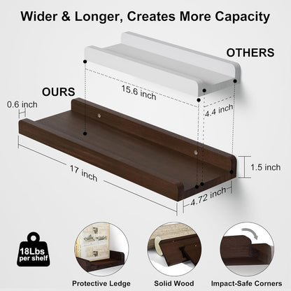 Love-KANKEI Floating Shelves Wall Mounted Set of 2, 17 Inch Rustic Wood Wall Shelves for Storage, Bedroom Living Room Bathroom Kitchen Office and More White