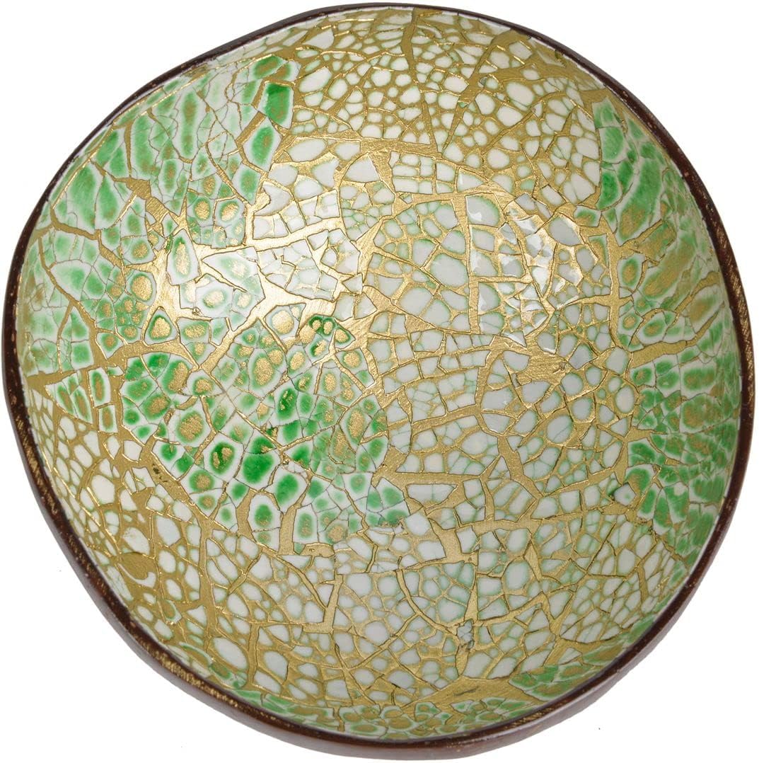 ChezMax Natural Coconut Bowl with Mother of Pearl Inlays - Key Bowl & Fruit Snack Holder (Blue-Gold)