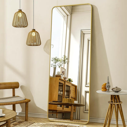 XRAMFY 56"x21" Floor Full Length Mirror Standing Full Body Rounded Corner Rectangle Mirrors with Stand Hanging Wall Mounted Leaning Bedroom Living Room Bedroom Cloakroom,Gold
