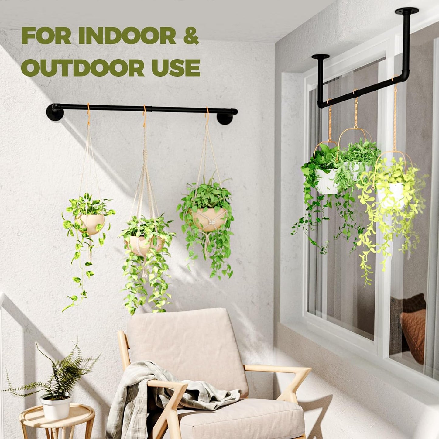 Galood Plant Hanger Indoor with 6 Hanging Chains Hanging Planters for Indoor Plants Hanging Plant Holder Window Plants Rod Black Metal Shelves(70.8 Inch Pot not Included