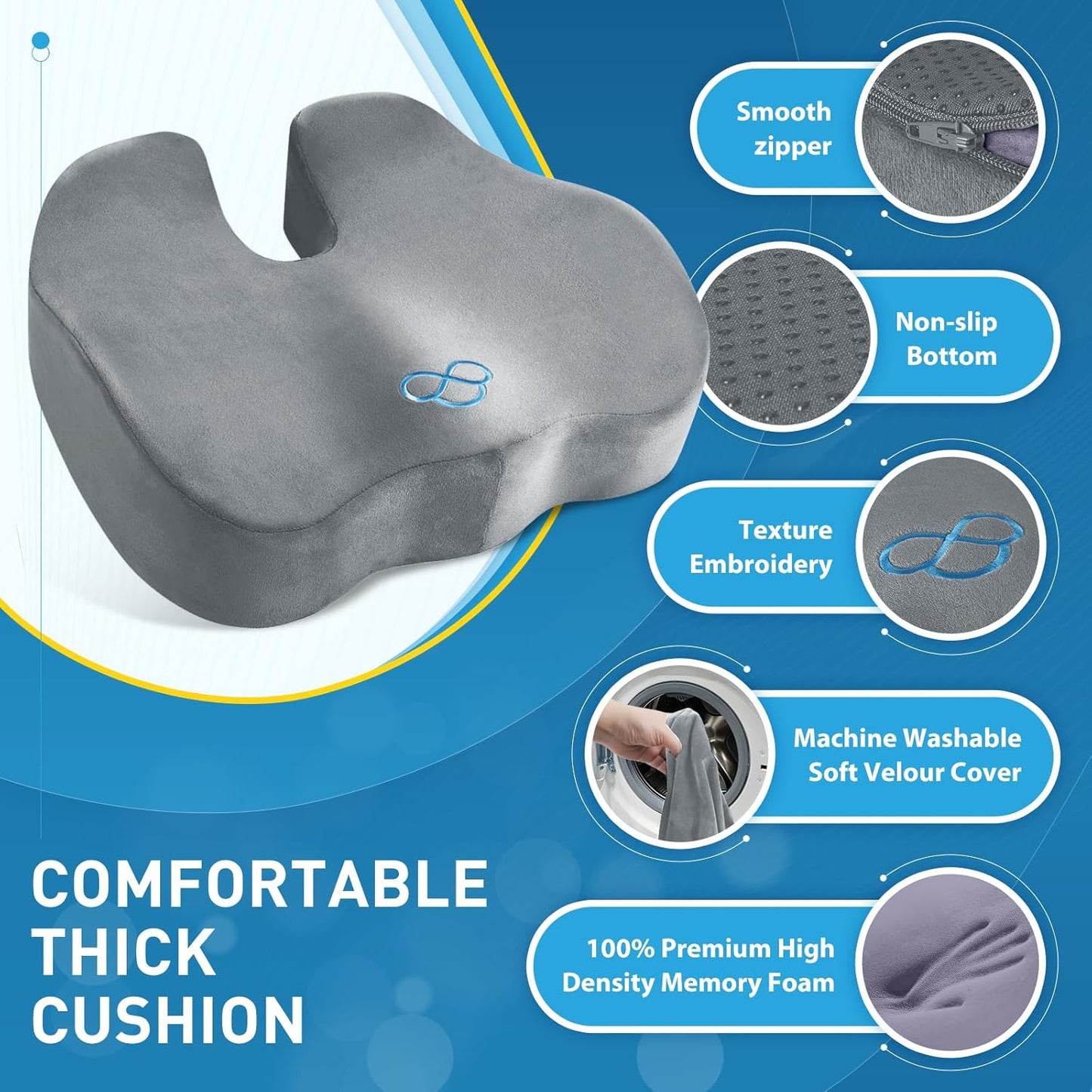 BlissTrends Seat Cushion with Velvet Cover, Thick Memory Foam Cushions for Office Chair, Car Seat, Airplane, Relieving Pressure Tailbone Sciatica Back Pain for Long Sitting, Car Drivers 4.7in Black