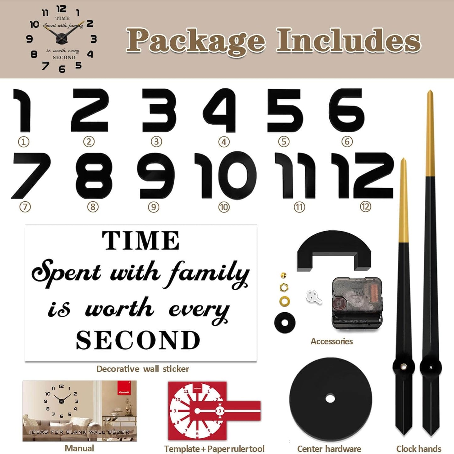 VANGOLD Large Wall Clocks for Living Room Decor, Decorative Wall Clocks Battery Operated (Black Wall Decor)