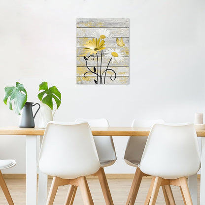 HVEST Farmhouse Floral Wall Art for Living Room, Blue and White Daisy Flower and Butterfly on Rustic Wood Board Canvas Wall Art Framed Artwork Ready to Hang for Bathroom Bedroom Decor, 16L X 12W