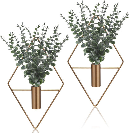 Jexine 4 Pcs Hanging Planters with Artificial Eucalyptus Metal Hanging Vase Indoor Plants Holder Modern Geometric Boho Bathroom Wall Decor for Living Room Home Office(Black)