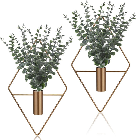 Jexine 4 Pcs Hanging Planters with Artificial Eucalyptus Metal Hanging Vase Indoor Plants Holder Modern Geometric Boho Bathroom Wall Decor for Living Room Home Office(Black)