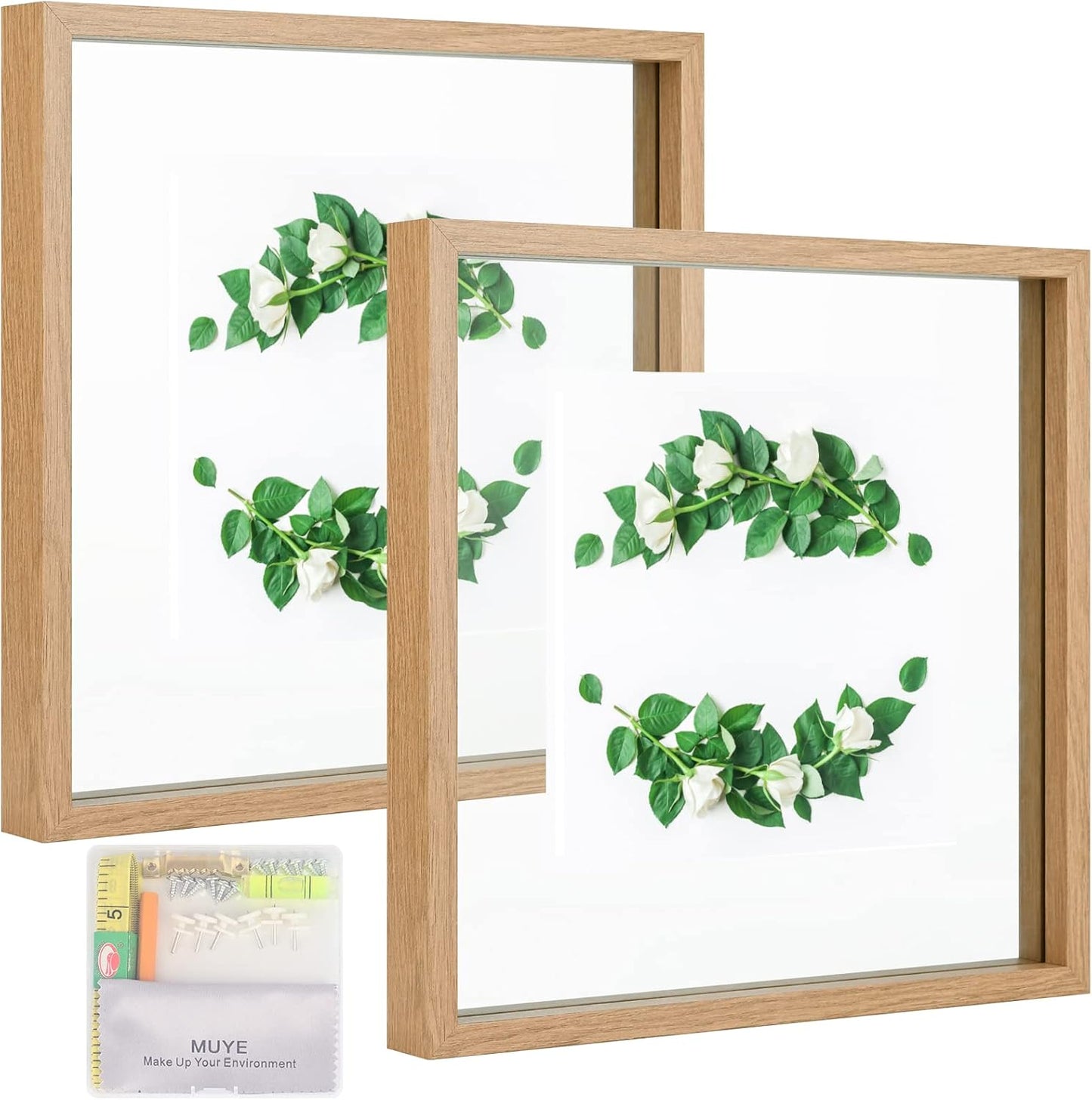 MUYE 11x14 Floating Frame Set of 2,Double Glass Rustic Frame,Display Any Size Photo up to 11x14,Wall Mount or Tabletop Standing,Natural