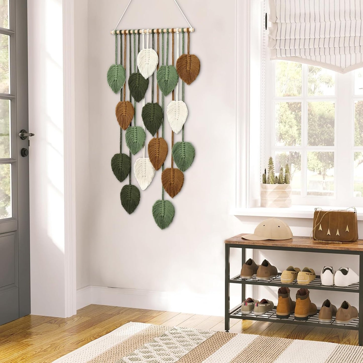 KHOYIME Large Macrame Wall Hanging Boho Woven Tapestry, Chic Home Decor Modern Bohemian Handmade Leaf Feather Wall Art Decorations for Apartment Dorm Living Room Bedroom Nursery Backdrop 39"W X 29.5"L