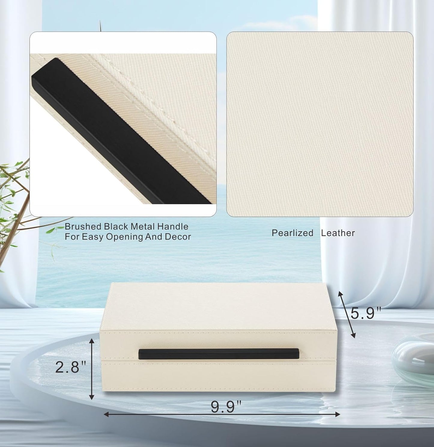 Sagala Set of 2 Ivory Shagreen Decorative Boxes With Brushed Gold Metal Handles, Faux Leather Jewelry Boxes Modern Storages Photo Memory Boxes Home Organizer Boxes (Ivory-Gold, 2pack)