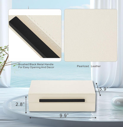 Sagala Set of 2 Ivory Shagreen Decorative Boxes With Brushed Gold Metal Handles, Faux Leather Jewelry Boxes Modern Storages Photo Memory Boxes Home Organizer Boxes (Ivory-Gold, 2pack)