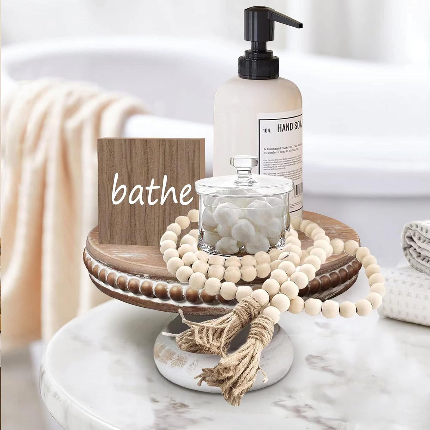 dwellington White Wash Round Display Wood Riser, 8.25” Shabby Chic Pedestal Tray Decor with Beads, Farmhouse Display Stands for Small Items in Coffee Bar, Bathroom, Kitchen Island