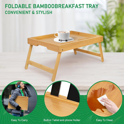 Bed Tray Table with Handles Folding Legs,Bamboo Breakfast Food Tray with Media Slot,Use As Platter,Laptop Desk,Snack,TV Tray Kitchen Serving Tray Black Large
