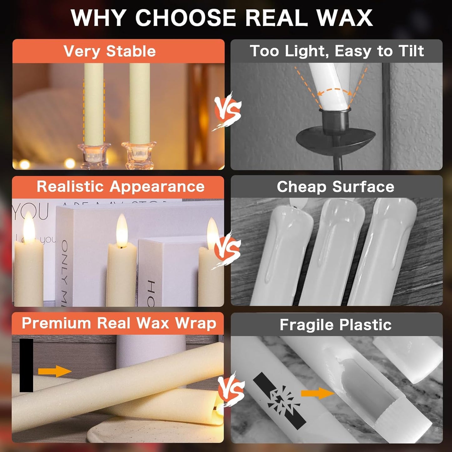 KSWING Upgraded Real Wax Short LED Flameless Taper Candles with Remote, 6 PCS White Candlesticks Battery Operated 3D Flickering - 6" Realistic Fake Candle Sticks for Home/Wedding/Fireplace Xmas Decor
