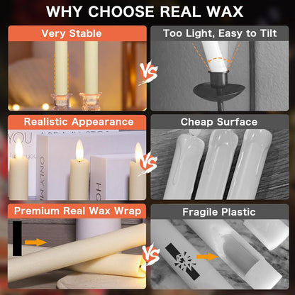KSWING Upgraded Real Wax Short LED Flameless Taper Candles with Remote, 6 PCS White Candlesticks Battery Operated 3D Flickering - 6" Realistic Fake Candle Sticks for Home/Wedding/Fireplace Xmas Decor