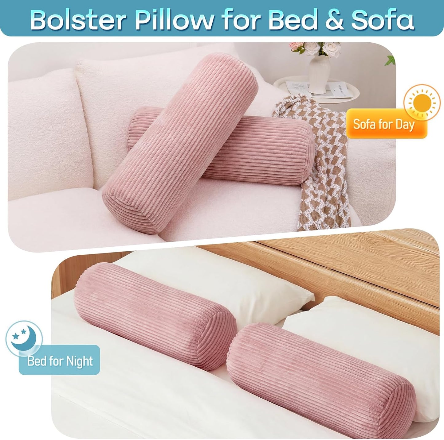 1 MIDDLE ONE Body Pillow, Memory Foam Body Pillows for Adults Sleeping, Decorative Bolster Pillow for Bed & Couch, Long Cylinder Tube Round Pillow, 24x7.87 Inches, Set of 2 (Light Grey)