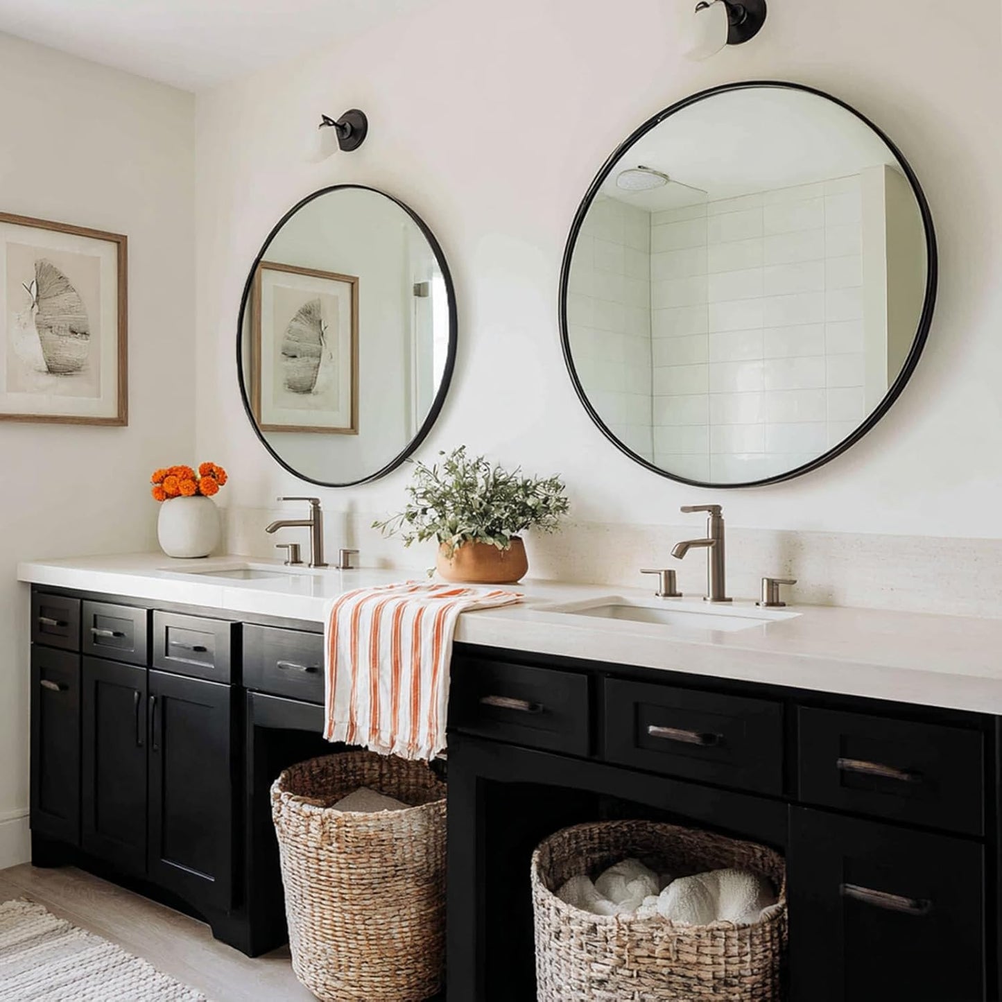Sunniry Black Round Mirror, Round Mirror 24 inch, Black Circle Mirrors Matte Metal Frame, Wall Mounted Mirrors for Living Room, Bathroom, Wall, Entryway.