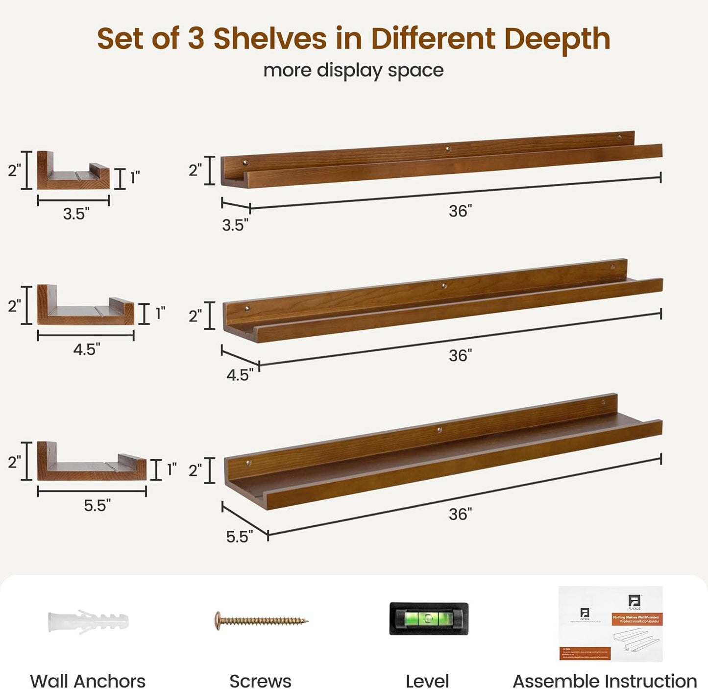 FLYJOE Picture Ledge Shelf, Floating Shelves Set of 2, Solid Pine Wood 55'' Long Large Nursery Book Shelves for Toys Storage, Kids Bookshelf for Living Room Bedroom Decor Books Photo Frames, Walnut