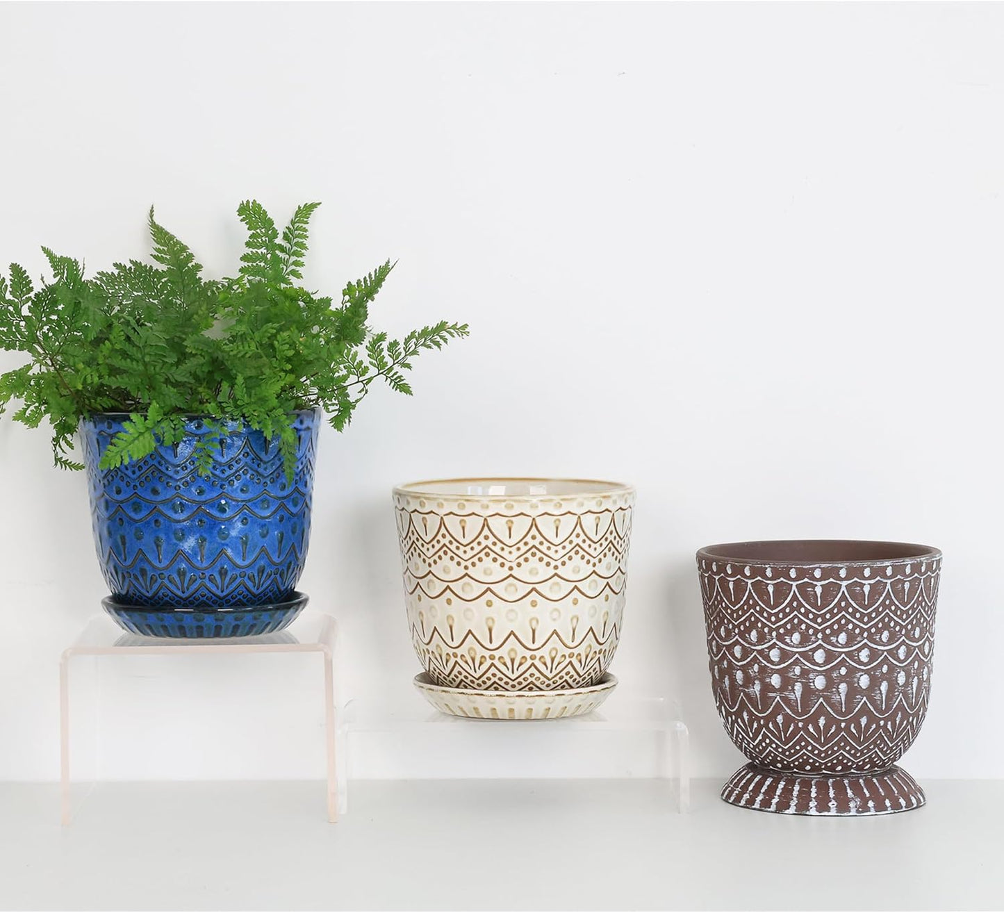 Gepege 6 Inch Beaded Ceramic Planter Set of 2 with Drainage Hole and Saucer for Plants, Indoor-Outdoor Large Round Succulent Orchid Flower Pot (Smoked Gray, Inner-pots not Larger Than 5 Inch)