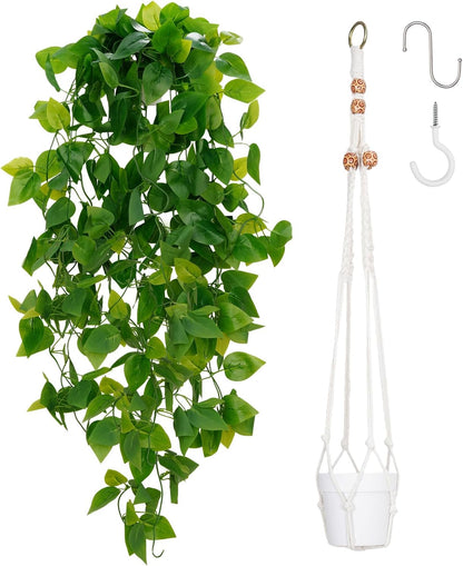 BLEUM CADE Fake Hanging Plants, 2pcs Artificial Pothos Vines Greenery for Wall Home Living Room Office Indoor Outdoor Decor (No Baskets)