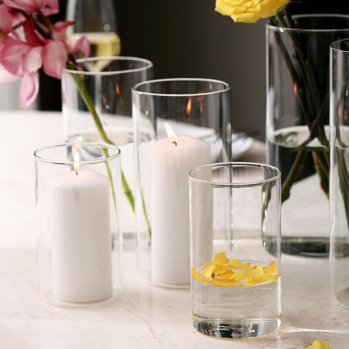 PHOSPHOR Hurricane Candle HoldersFor Pillar Candle Clear Glass Cylinder Centerpieces Vases Table Decoration Centerpiece Floral Room Decor Clear Seeded Bubbles Living Dining Kitchen 3 Pieces