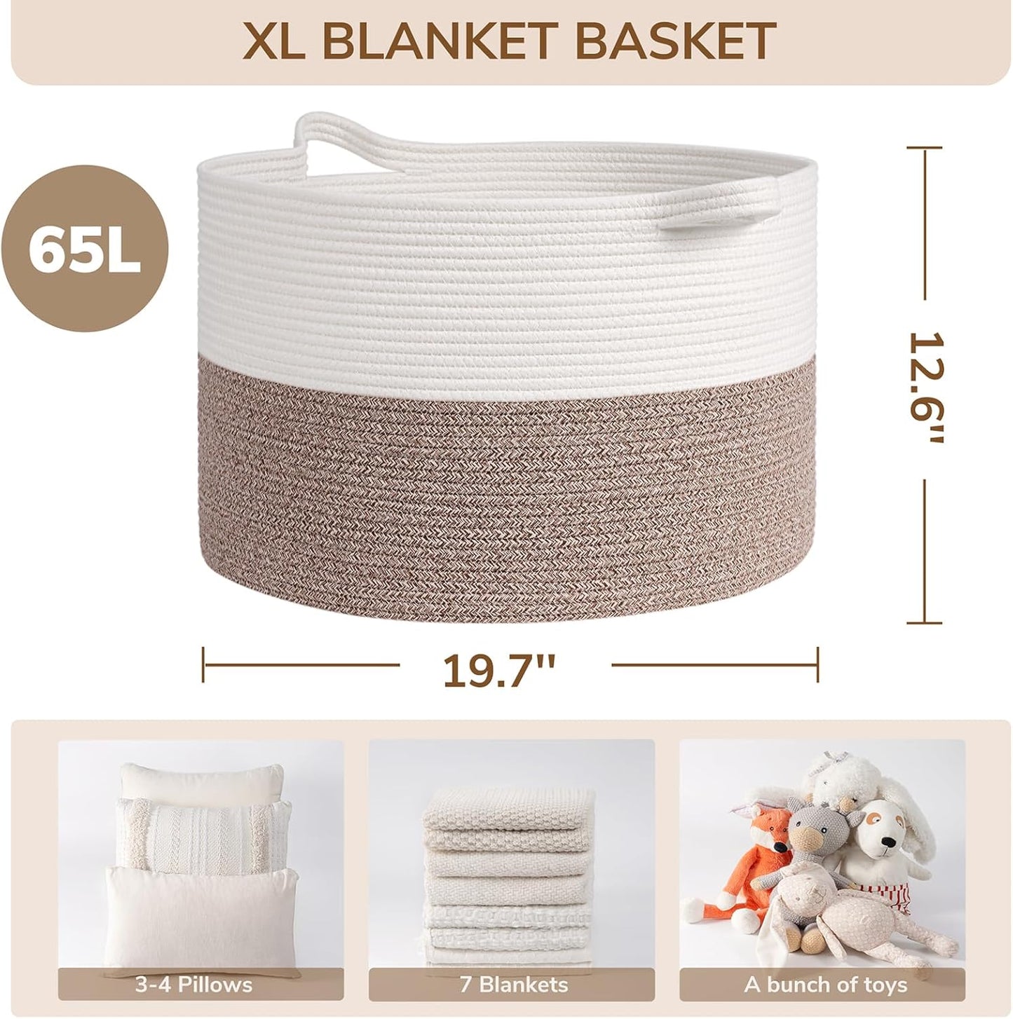 INDRESSME XXXLarge Blanket Basket for Living Room 21.7" x 21.7" x 13.8"-Storage Basket with Handle for Organizing Toy Pillows Woven Cotton Rope Laundry Basket Stuffed Animal Toy Storage for Play Room
