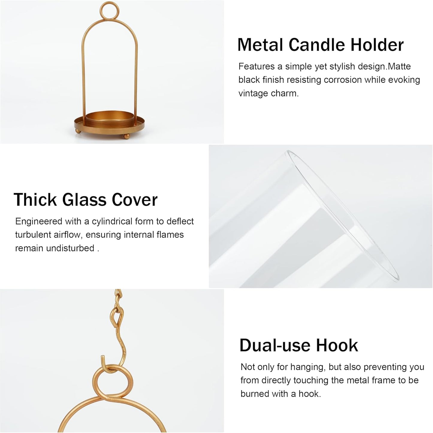 Glass Hurricane Candle Holder Decorative Gold Candle Lantern, Pillar Candlestick Holders Set of 2, Hanging Metal Holder Modern Table Centerpieces, Antique Brass