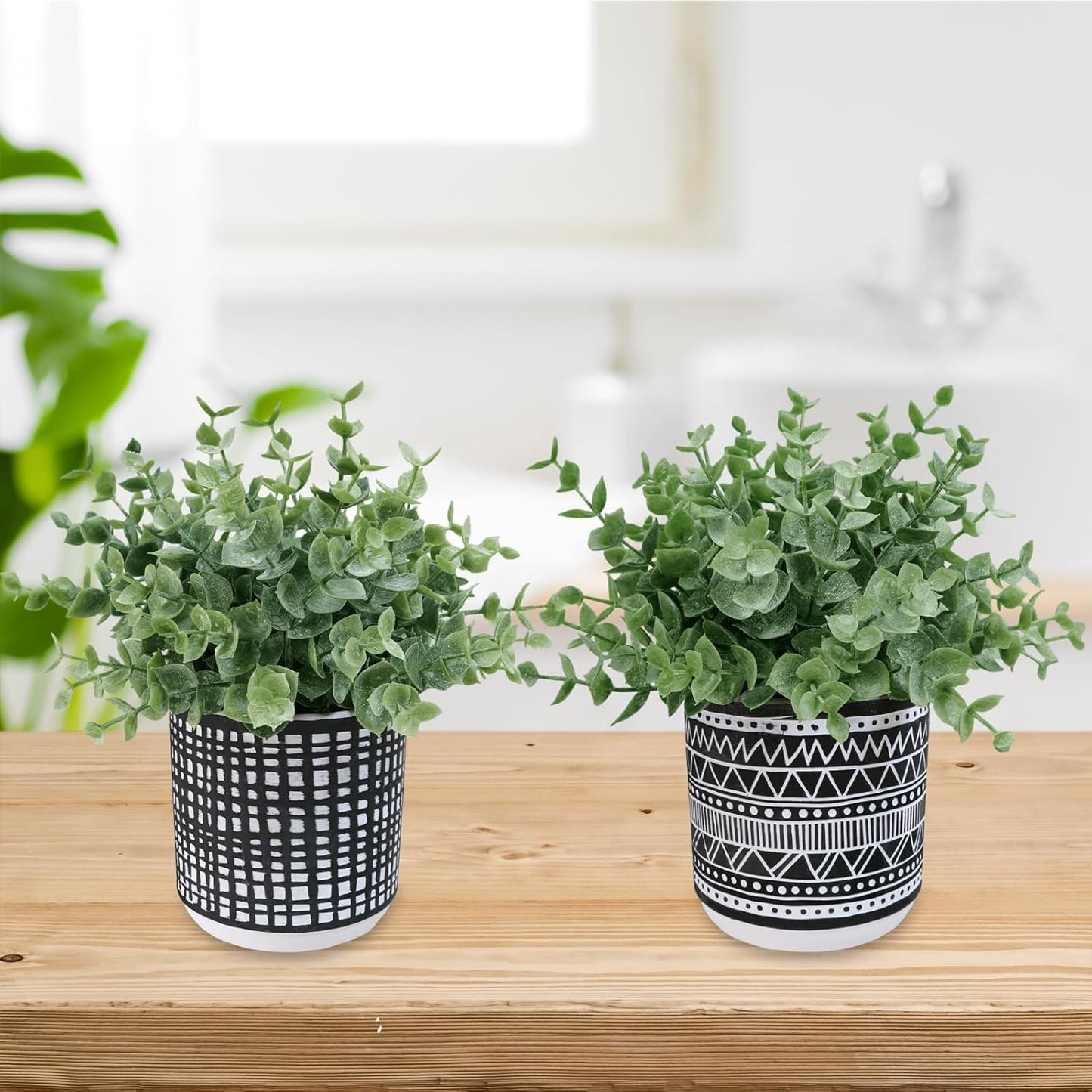 Winlyn Set of 2 Small Artificial Potted Plants Faux Eucalyptus Plant in White Geometric Ceramic Pots Small Desk Potted Plants 7.1" Tall for Home Office Room Decorations Wedding Greenery Centerpiece