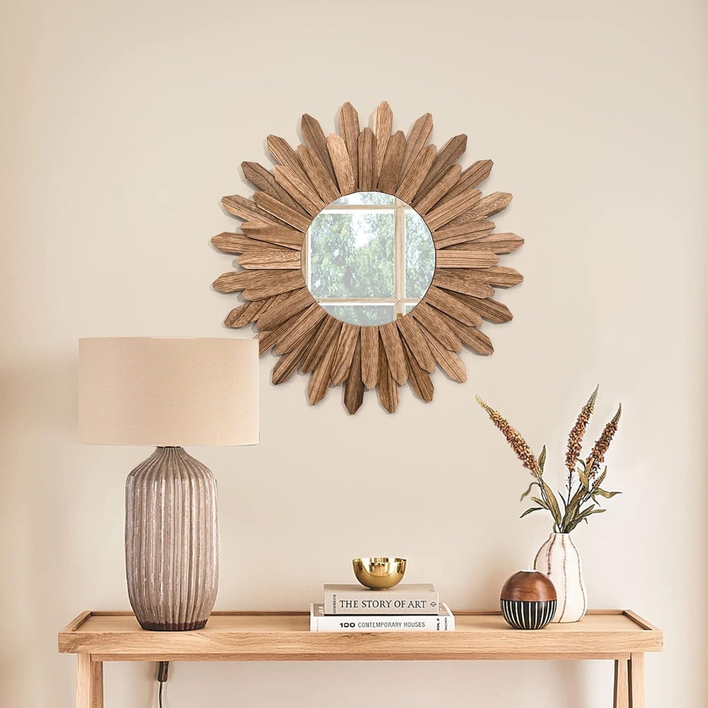 Honiway Wall Mirror Decorative 12 inch Rustic Wood Mirror Sunburst Boho Mirror for Entryway Bedroom Living Room Bathroom House Warming Gifts New Home Essential Carbonized Black