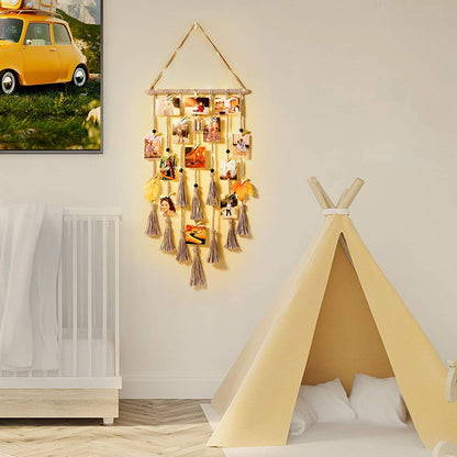 Homecor Hanging Photo Display Wall Decor, Macrame Wall Hanging Boho Room Bedroom Decor, Picture Frame Collage Board with Light 30 Clip, Christmas Teenage Teen Girl Gifts Ages 10 11 12 13 14 Years Old