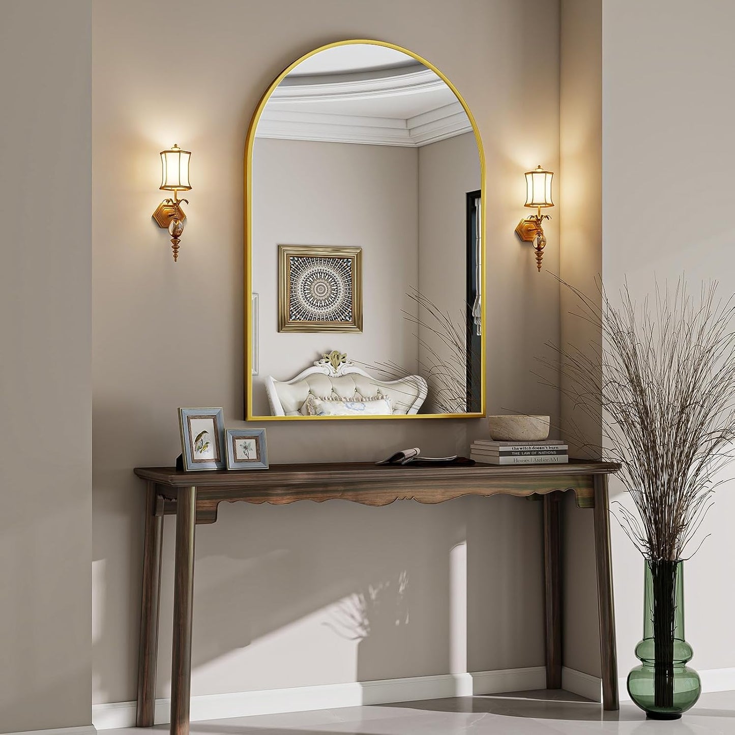 VooBang Arched Wall Mirror, 24 x 36 inch Arch Bathroom Mirror, Wall Mounted Vanity Mirror with Arch Metal Frame, Modern Bathroom Vanity Mirror for Bedroom, Living Room, Hanging or Leaning, Black