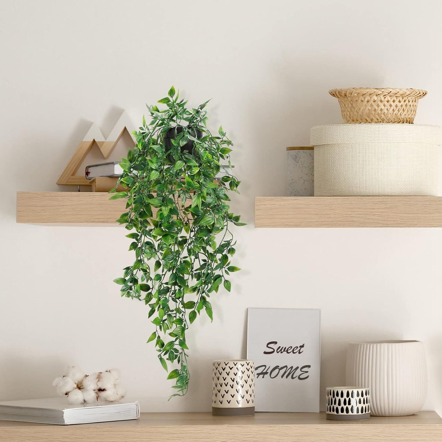 Whonline Fake Hanging Plants, Artificial Small Potted Plants for Indoor Outdoor Aesthetic Office Living Room Shelf Decor (1 Pack)