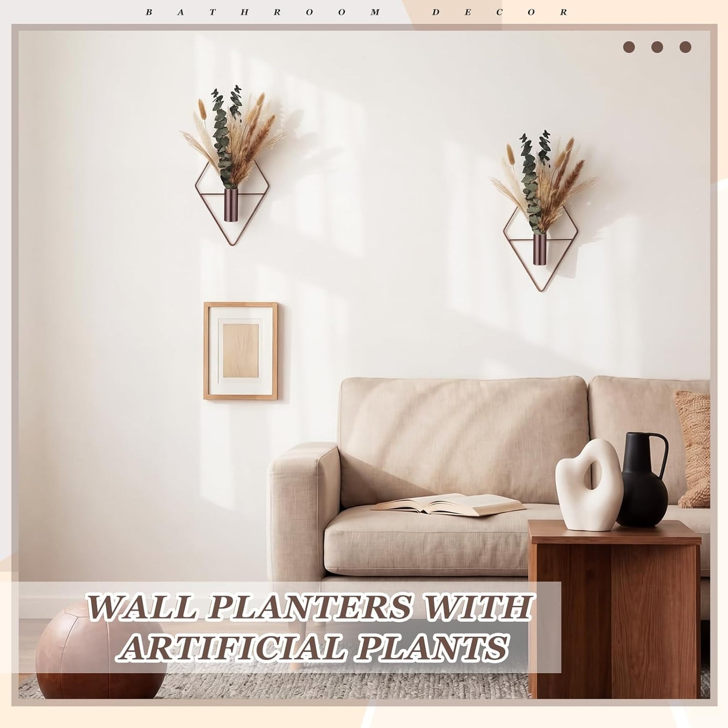 Jexine 4 Pcs Hanging Planters with Artificial Eucalyptus Metal Hanging Vase Indoor Plants Holder Modern Geometric Boho Bathroom Wall Decor for Living Room Home Office(Black)
