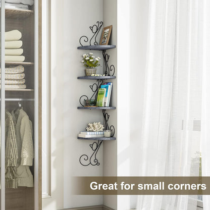Alsonerbay Corner Shelf Wall Mount, 4 Tier Floating Shelves for Wall, Easy-to-Assemble Wall Shelves Rustic Wood Decor for Bedroom Living Room Bathroom Kitchen Office, Walnut Finish