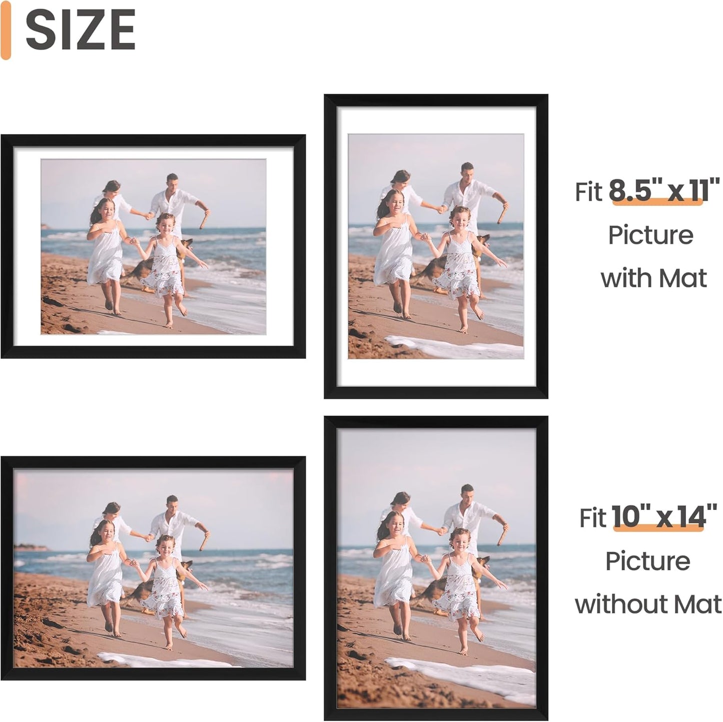 upsimples 11x14 Picture Frame Set of 5, Display Pictures 8x10 with Mat or 11x14 Without Mat, Wall Gallery Photo Frames, Black