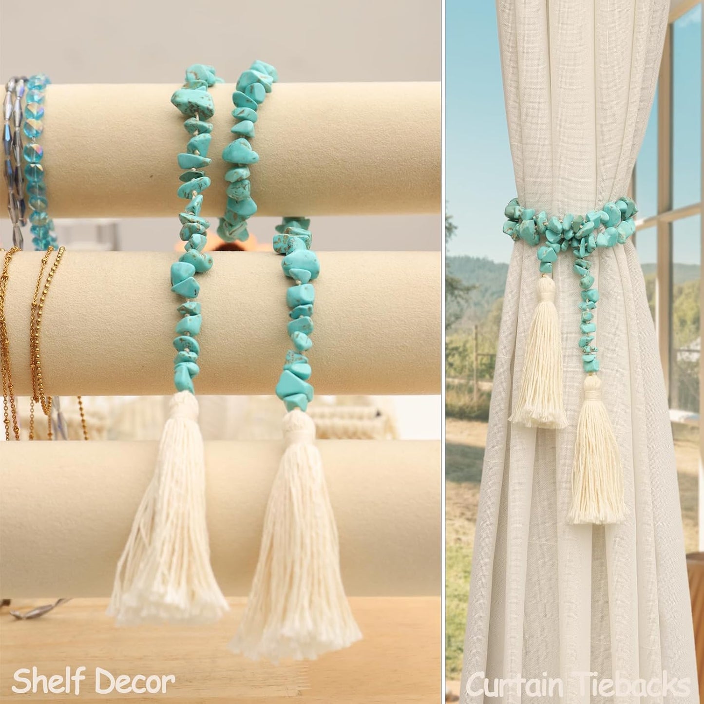 Gemstone Bead Garland with Tassel,31inch Farmhouse Rustic Country Table Decor Prayer Healing Beads Boho Wall Shelf Hanging Decoration (Turquoise Ball)