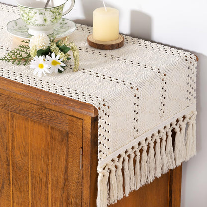 Socomi Boho Table Runner Summer Farmhouse Rustic Dining Kitchen Centerpiece Decor Small Macrame Woven Cotton Linen Coffee Table Runner for Dresser Scarf Home Decor 12x36 inch Beige