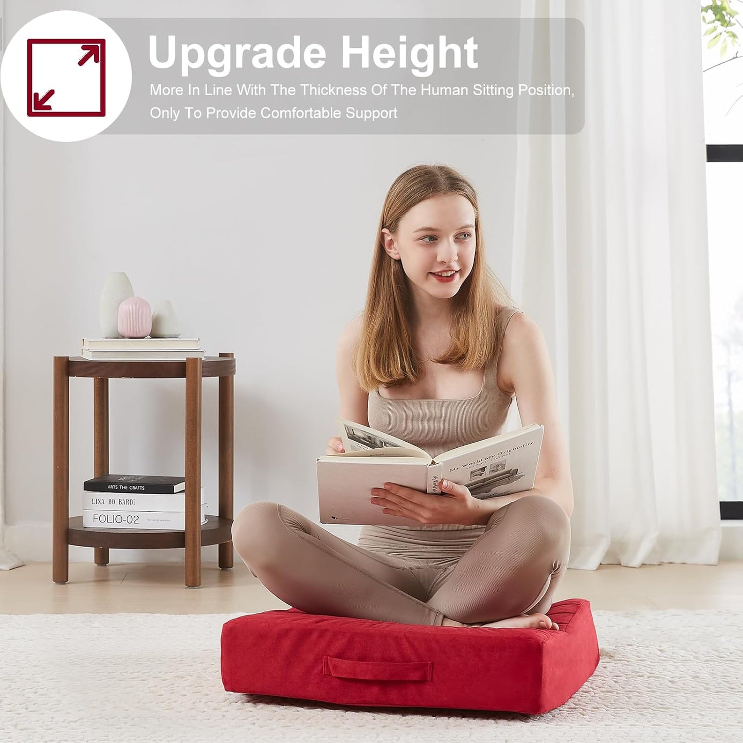 JKMAX 2 Pcs High Density Foam Floor Pillow - Upgraded Large Pillows Seating for Adults - Outdoor Floor Cushion with Soft Tufted Cover - Yoga Pillows for Sitting On Floor - 22 Inch Light Gray