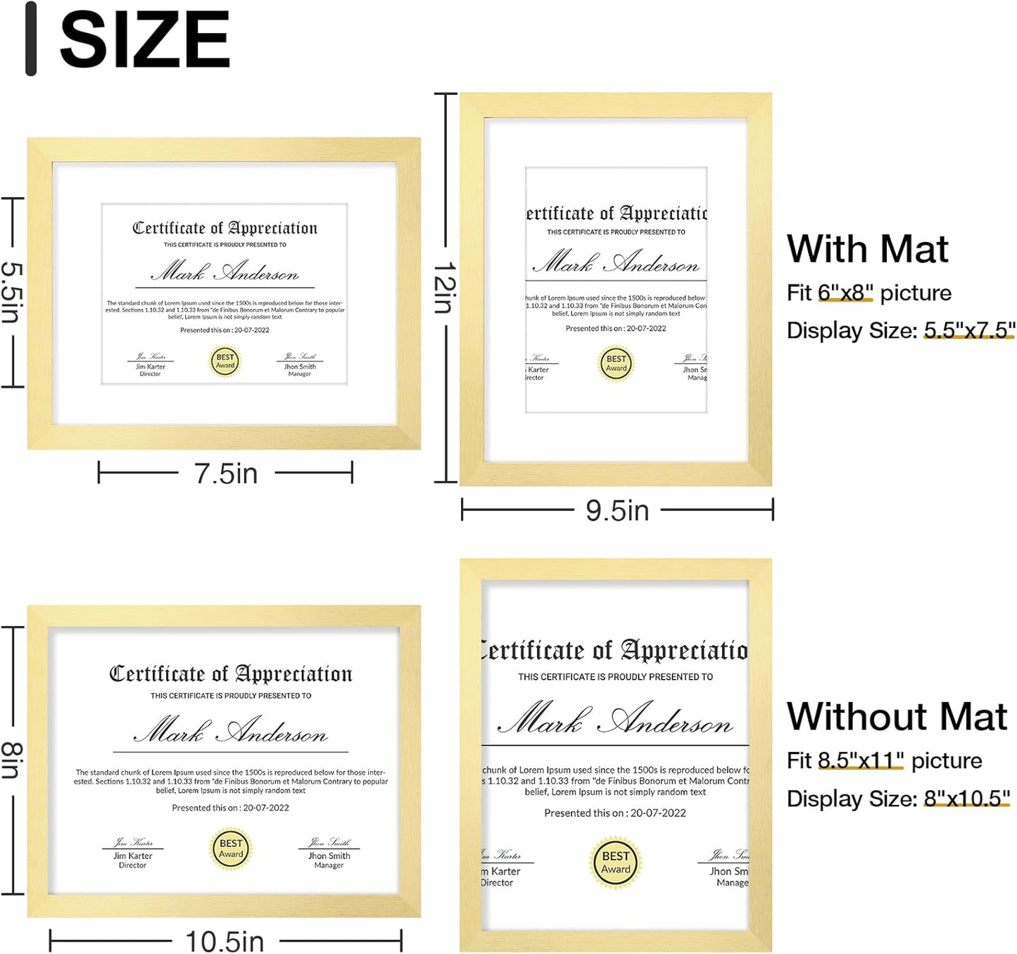 Vittanly 8x10 Picture Frames Set of 9, Shatter Resistant Plexiglass, Display 5x7 Pictures with Mat or 8x10 without Mat, Photo Frames for Wall or Tabletop, Engineered Wood, Black - Colors A