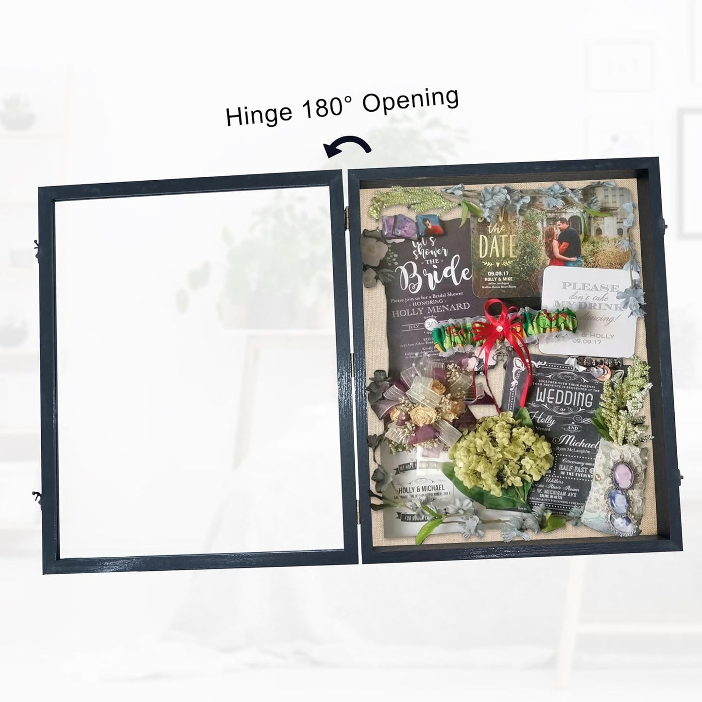 GraduationMall 13x16 Wood Shadow Box Frame Glass Door Display Case with Linen Back and 6 Stick Pins,1.5 inches Interior Depth,Ideal for Memorabilia Pictures Flowers Medals Tickets Rustic White