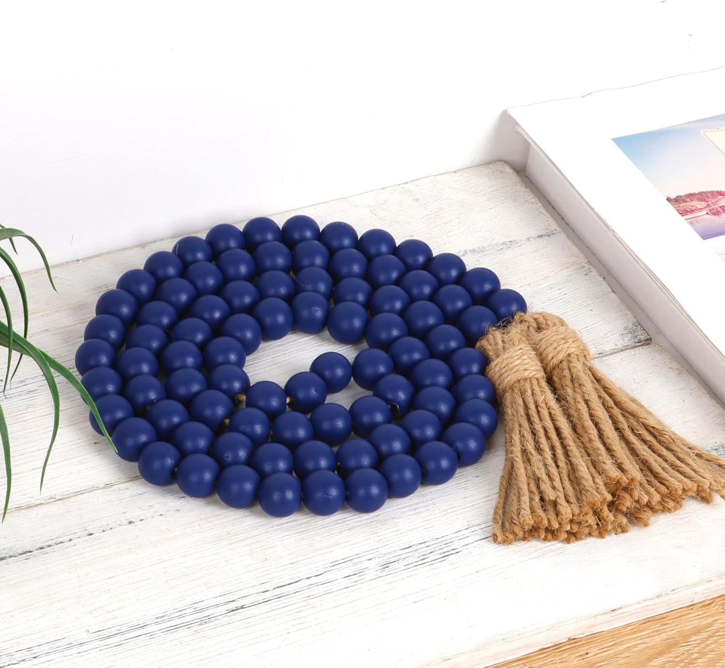 58in Wood Bead Garland with Tassels, Farmhouse Rustic Country Decor Prayer Boho Wall Hanging Decoration (Nature)