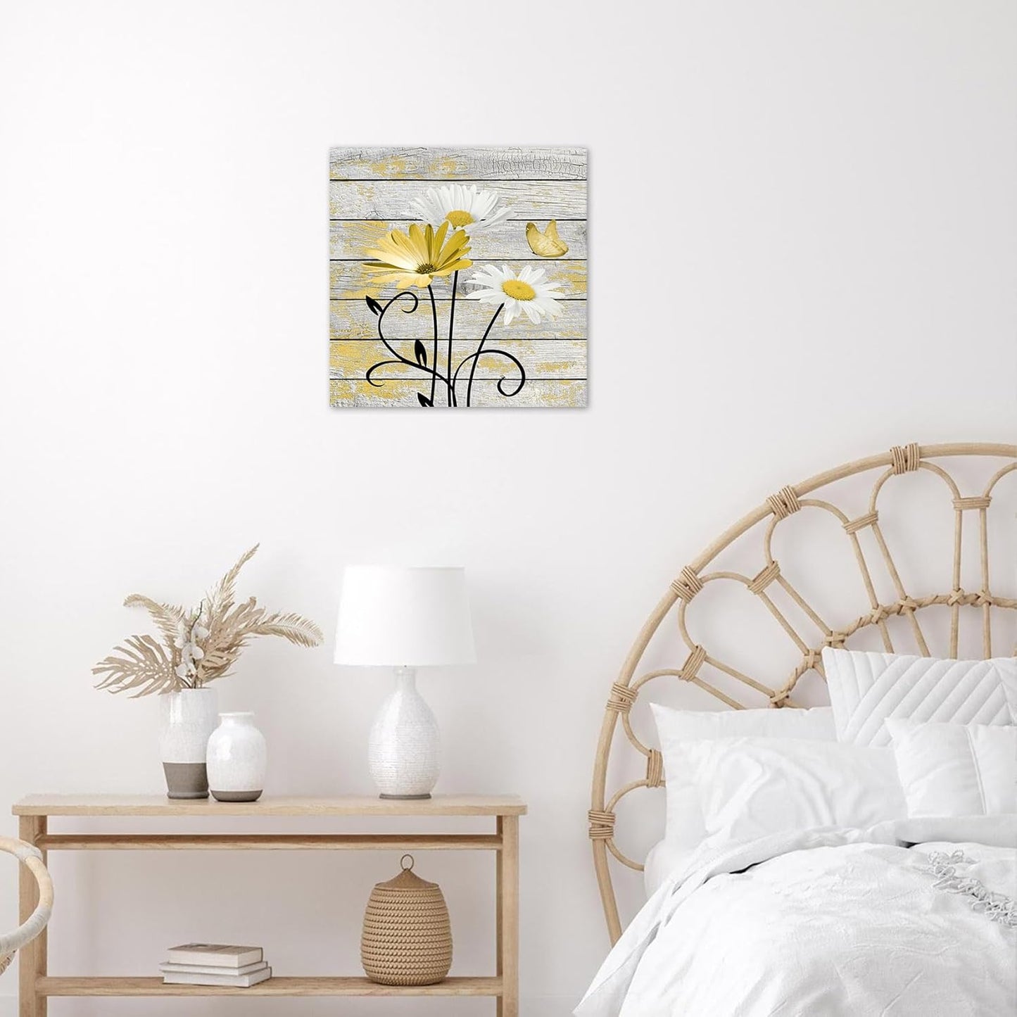 HVEST Farmhouse Floral Wall Art for Living Room, Blue and White Daisy Flower and Butterfly on Rustic Wood Board Canvas Wall Art Framed Artwork Ready to Hang for Bathroom Bedroom Decor, 16L X 12W