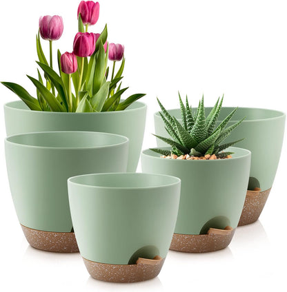 QRRICA Plant Pots 10/9/8/7.5/7 Inch Self Watering Pots, Set of 5 Plastic Planters with Drainage Holes and Saucers,Plastic Flower Pots,Nursery Planting Pot for Indoor Out Door Plants（Green）
