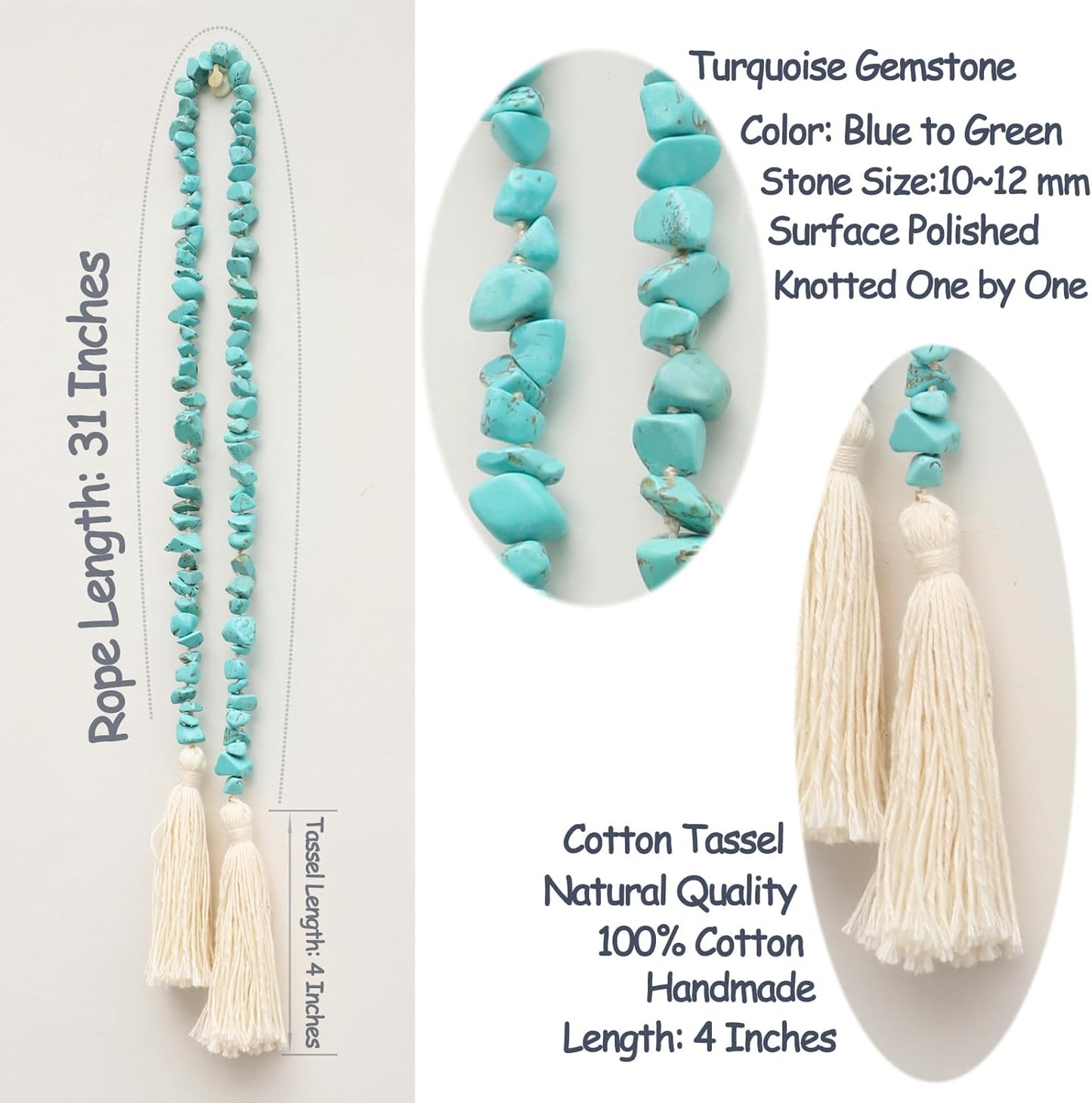 Gemstone Bead Garland with Tassel,31inch Farmhouse Rustic Country Table Decor Prayer Healing Beads Boho Wall Shelf Hanging Decoration (Turquoise Ball)
