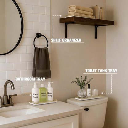 Bathroom Vanity Tray for Countertop, 12" x 6" Acacia Wood Toilet Tank Tray with Metal Guardrail, Bathroom Organizer for Soap, Perfume & Skincare, Non-Slip Decorative Tray for Dresser, Black & Acacia