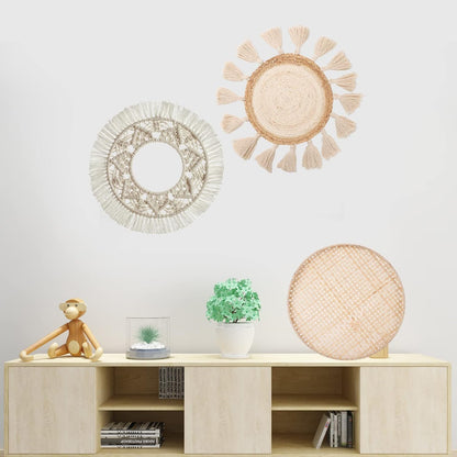 Boho Wall Basket Decor Set of 8 - Flat Woven Basket Wall Hanging Decor,Round Tassels White Macrame Tapestry Wall Decor Art,Handmade Rattan Wicker Seagrass Home Wall Baskets Decor（Boho Classic)