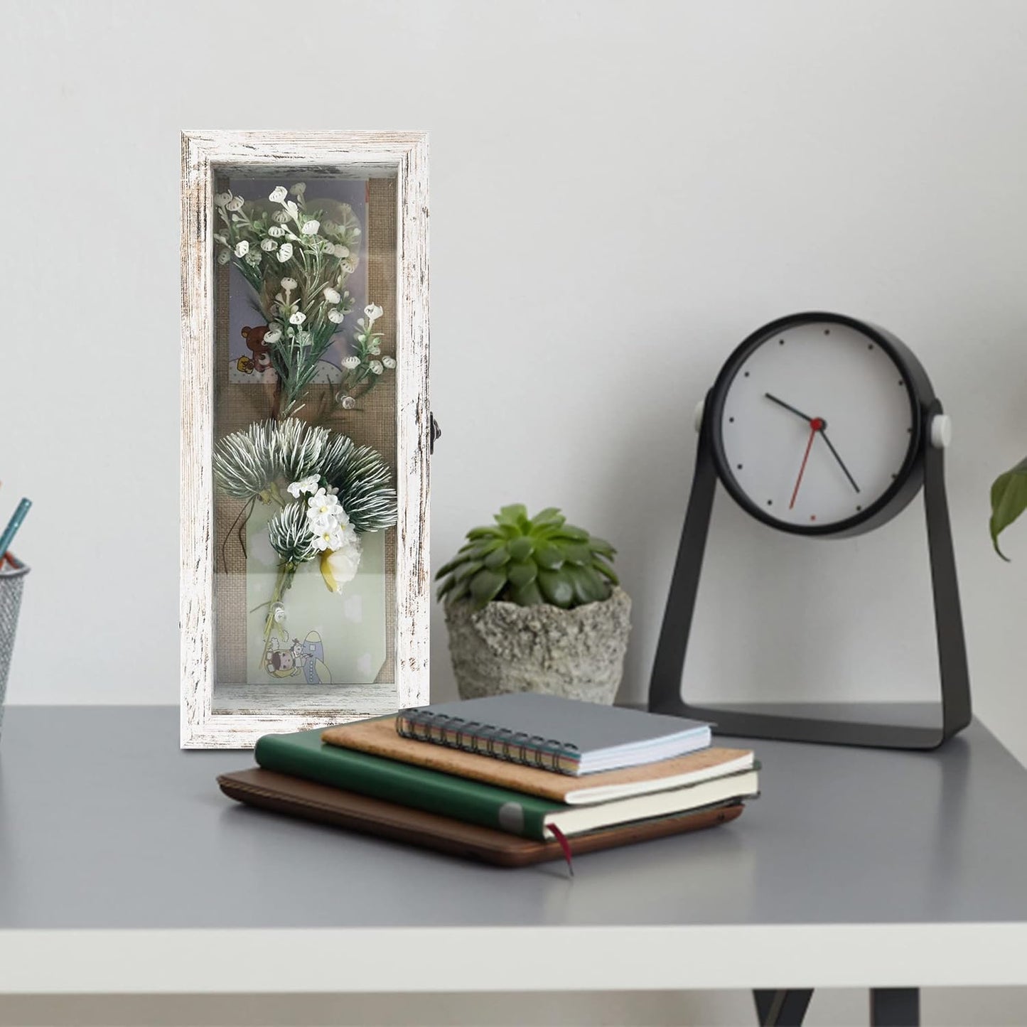 GraduationMall 13x16 Wood Shadow Box Frame Glass Door Display Case with Linen Back and 6 Stick Pins,1.5 inches Interior Depth,Ideal for Memorabilia Pictures Flowers Medals Tickets Rustic White